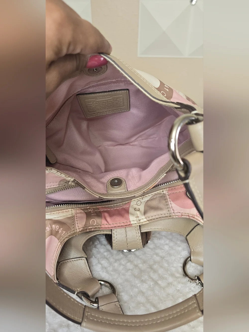 Coach Ashley Signature Circle Print Hobo Bag Pink Tan Canvas Leather Trim - Picture 6 of 12